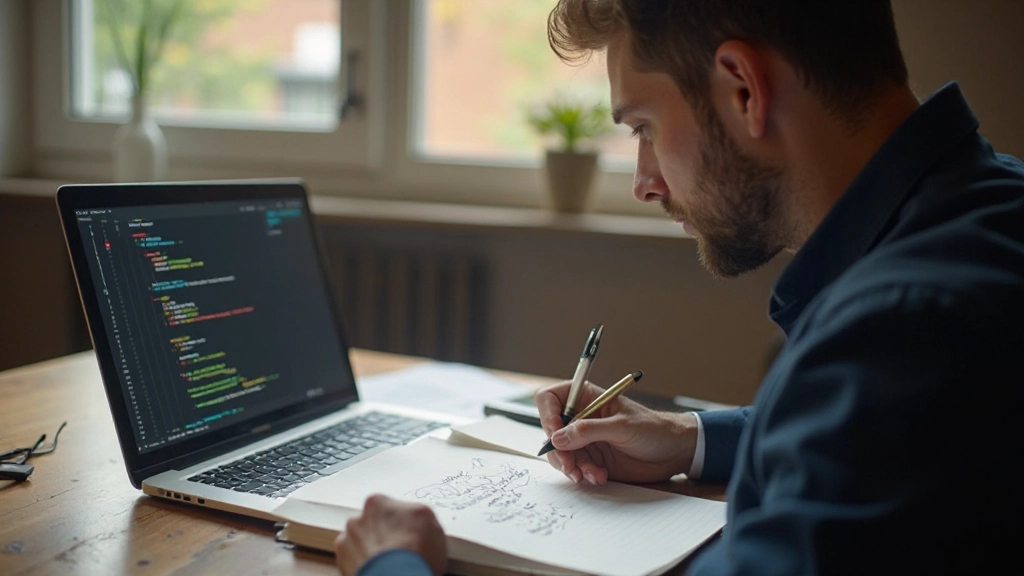 Designer sitzt am Schreibtisch mit Notizbuch, neben einem Laptop mit HTML-CSS-Code, konzentrierter Ausdruck, helle Arbeitsumgebung mit Pflanze