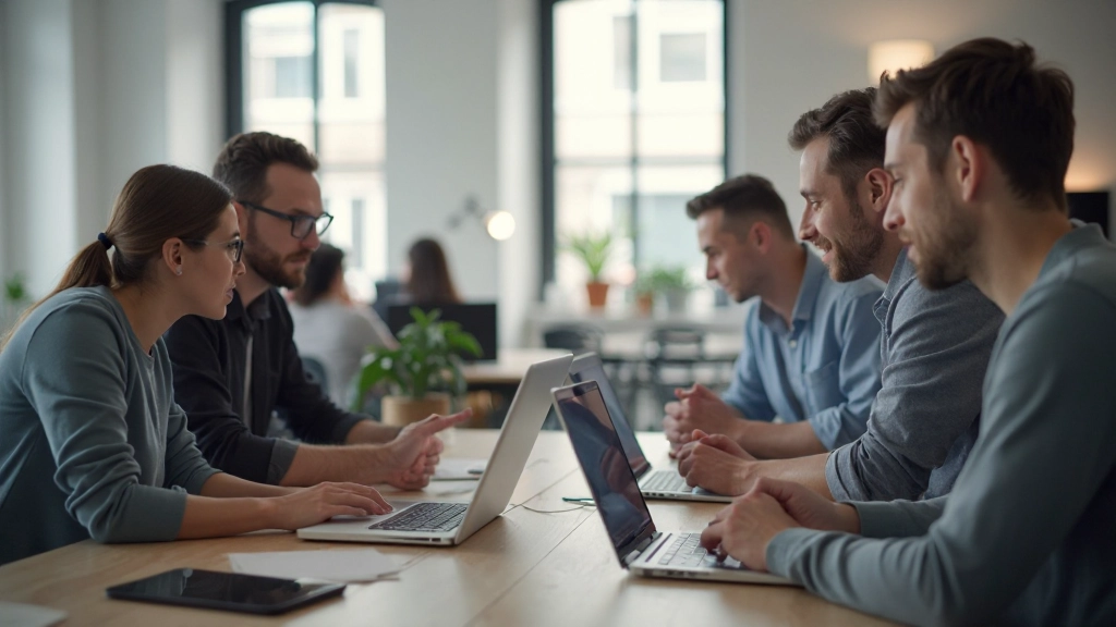 Team arbeitet zusammen an HTML CSS Projekt im Office