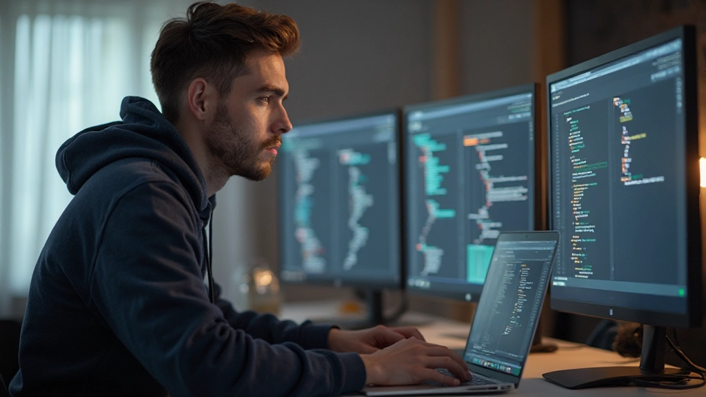 Webentwickler schreibt CSS-Code auf Laptop, fokussiert auf Monitor mit mehreren Browser-Fenstern