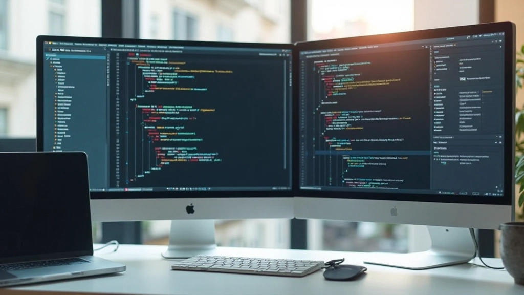 Moderner Workspace mit Code-Editor, mehrere Browser-Fenster mit HTML-CSS-Code sichtbar, professionelles Setup mit dualem Monitor