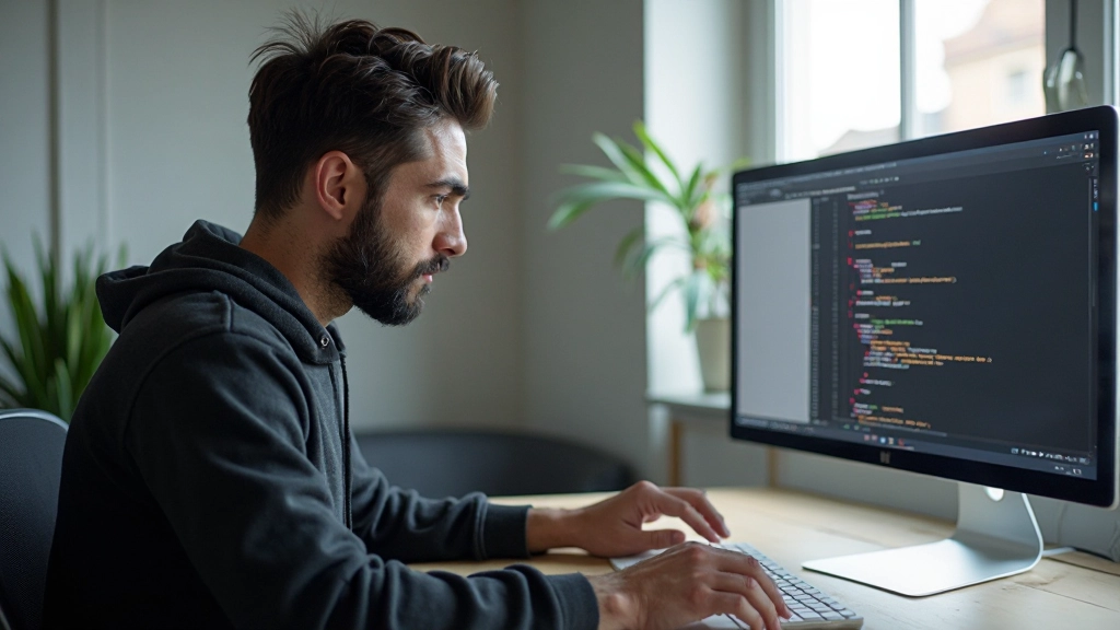 Webentwickler bei der Arbeit am Code, mit mehreren HTML-Tags sichtbar auf dem Monitor, konzentriertes Arbeitsumfeld