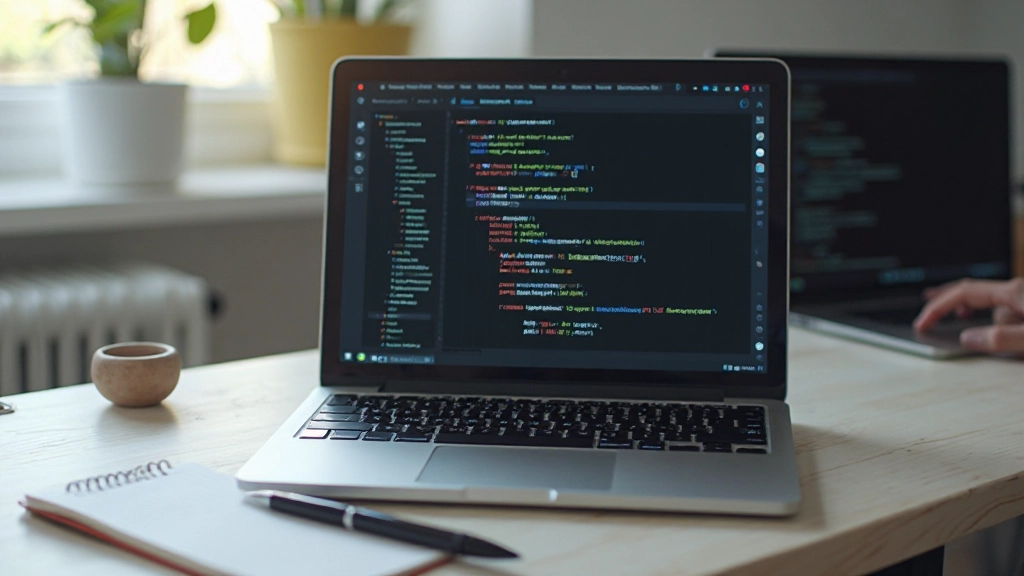 Arbeitsbereich mit Laptop und HTML-Strukturierungscode auf dem Display